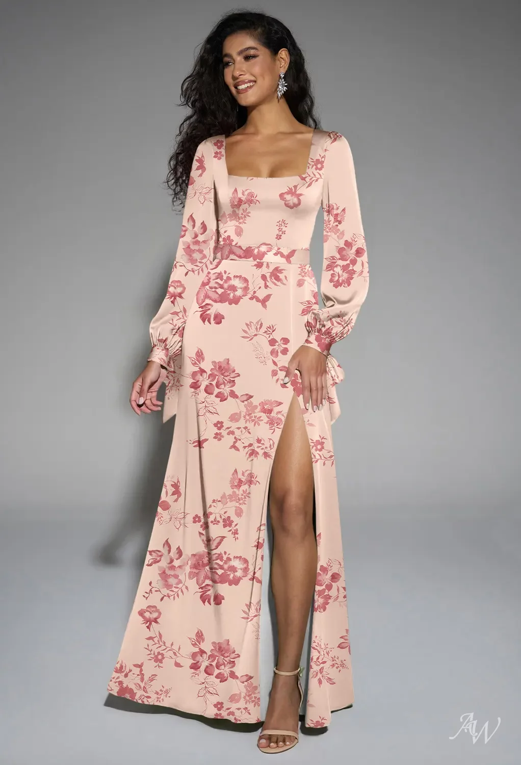 AW Rose Dress, Dark Navy Satin Charmeuse Floor Length Square